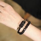 Fortune Jewel Ebony Wood Black Obsidian Copper Brass Peace Double Wrap Bracelet