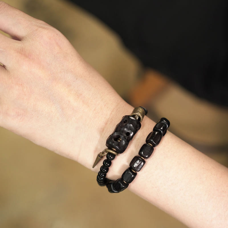Fortune Jewel Ebony Wood Black Obsidian Copper Brass Peace Double Wrap Bracelet