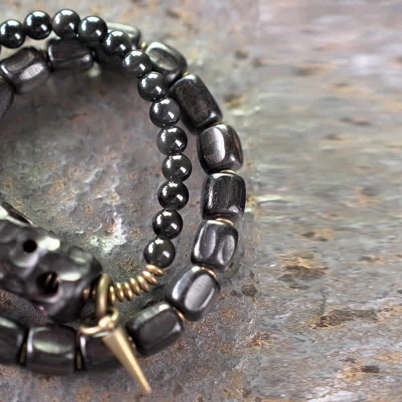 Fortune Jewel Ebony Wood Black Obsidian Copper Brass Peace Double Wrap Bracelet