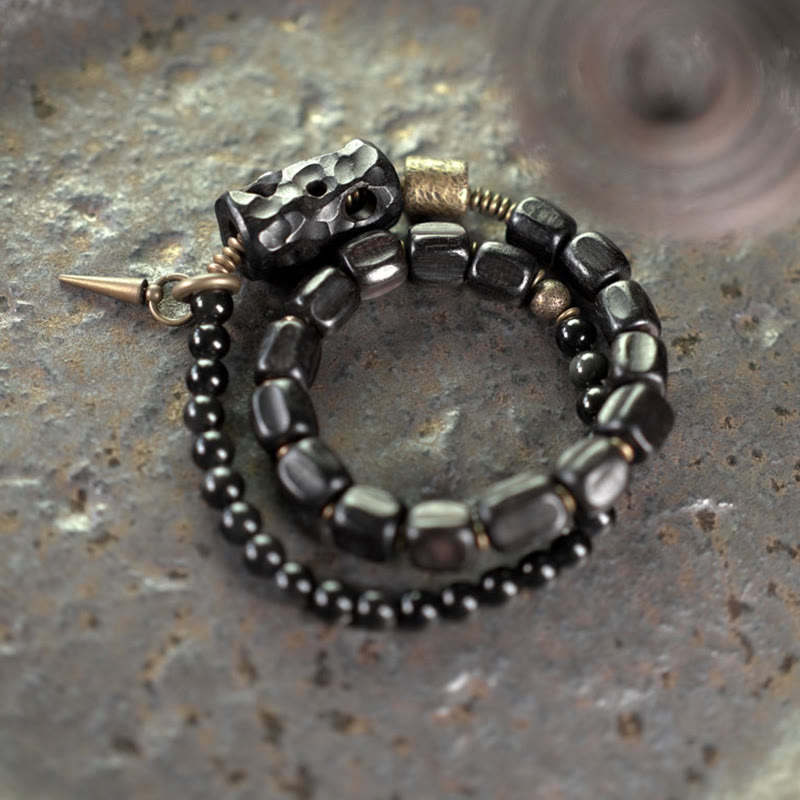 Fortune Jewel Ebony Wood Black Obsidian Copper Brass Peace Double Wrap Bracelet