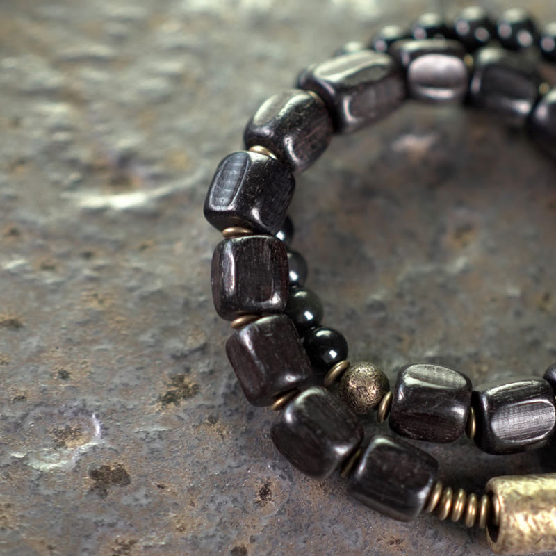Fortune Jewel Ebony Wood Black Obsidian Copper Brass Peace Double Wrap Bracelet