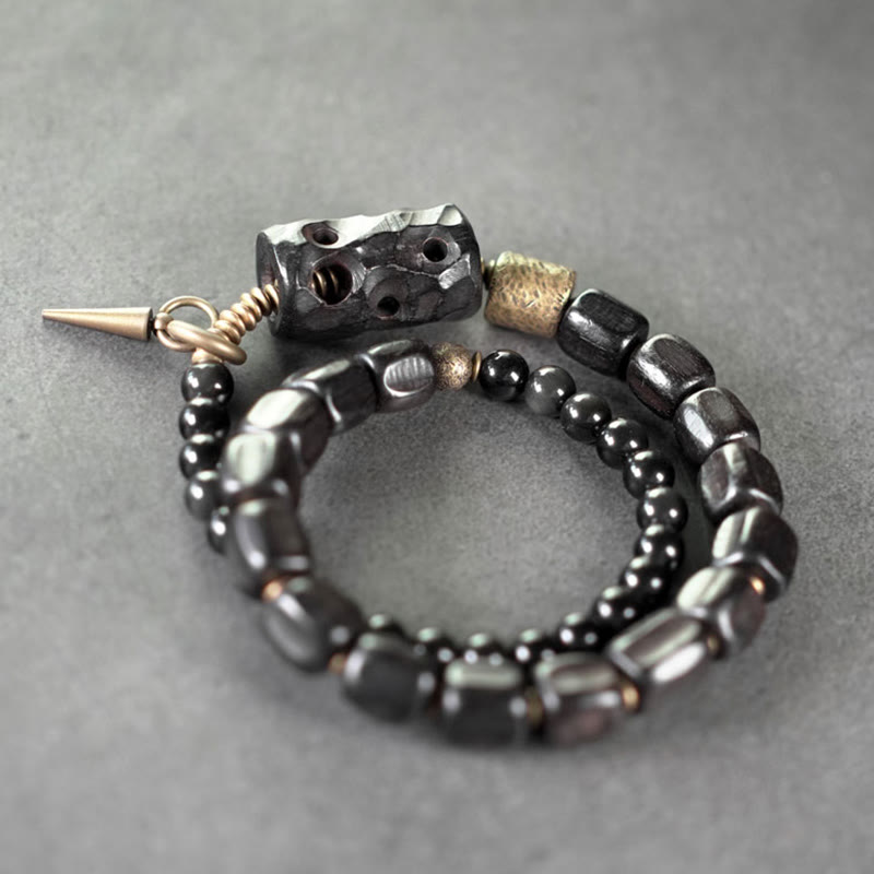 Fortune Jewel Ebony Wood Black Obsidian Copper Brass Peace Double Wrap Bracelet