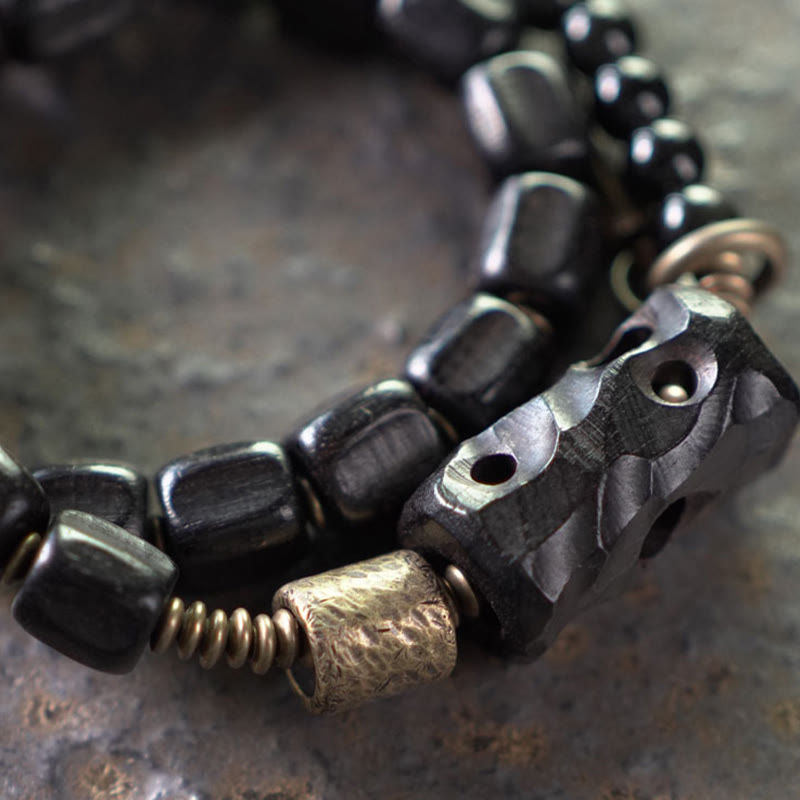 Fortune Jewel Ebony Wood Black Obsidian Copper Brass Peace Double Wrap Bracelet