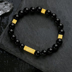 Fortune Jewel Black Obsidian 925 Sterling Silver Fu Character Cube Strength Bracelet