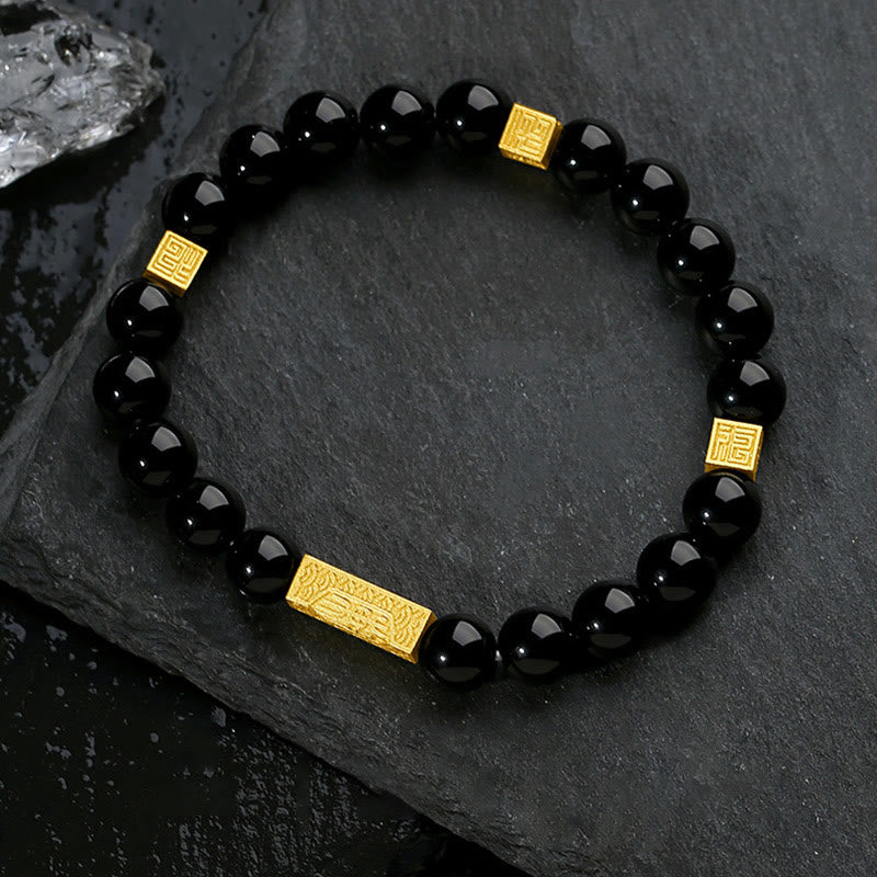 Fortune Jewel Black Obsidian 925 Sterling Silver Fu Character Cube Strength Bracelet