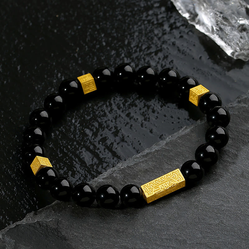 Fortune Jewel Black Obsidian 925 Sterling Silver Fu Character Cube Strength Bracelet