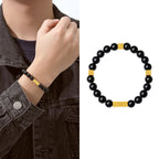 Fortune Jewel Black Obsidian 925 Sterling Silver Fu Character Cube Strength Bracelet