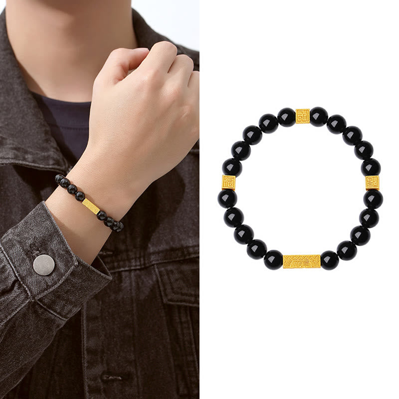 Fortune Jewel Black Obsidian 925 Sterling Silver Fu Character Cube Strength Bracelet