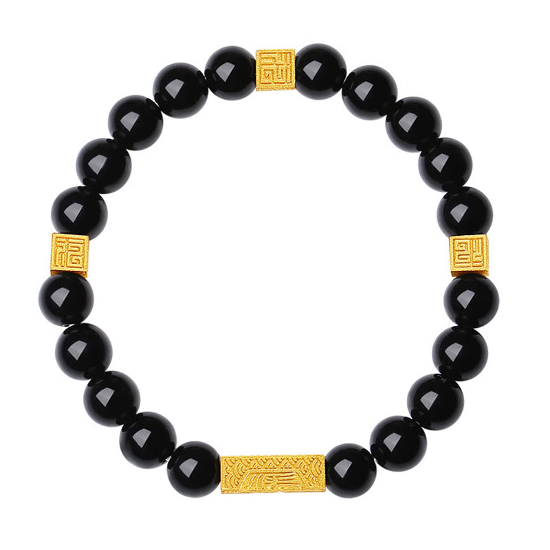 Fortune Jewel Black Obsidian 925 Sterling Silver Fu Character Cube Strength Bracelet