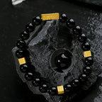 Fortune Jewel Black Obsidian 925 Sterling Silver Fu Character Cube Strength Bracelet