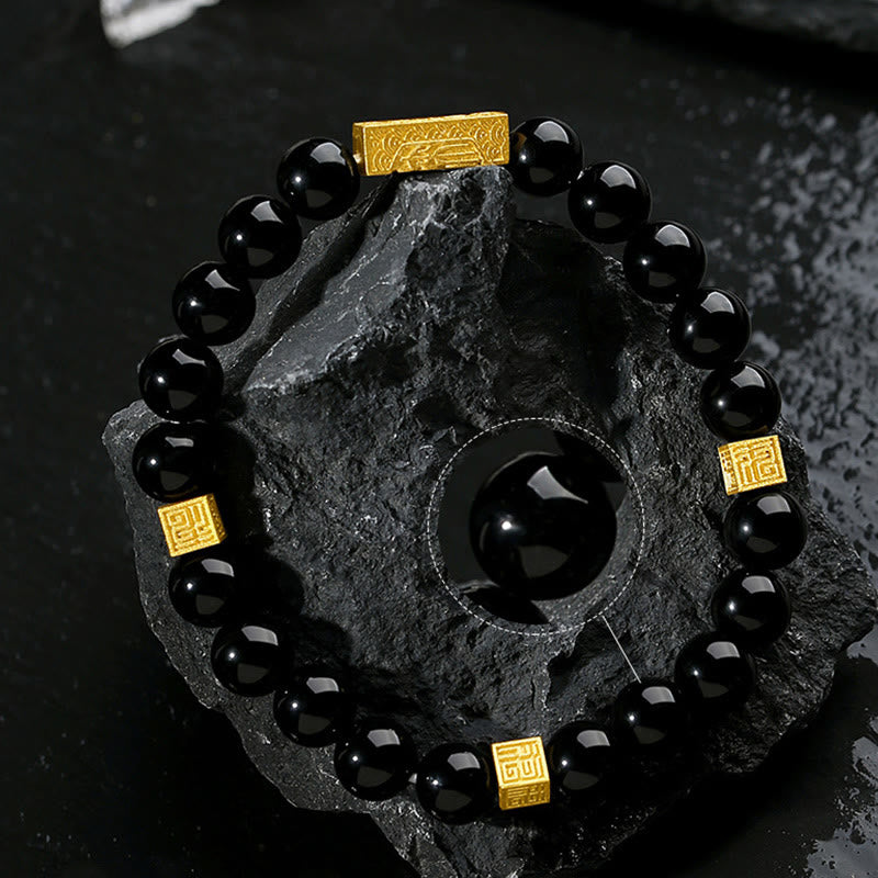 Fortune Jewel Black Obsidian 925 Sterling Silver Fu Character Cube Strength Bracelet