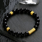 Fortune Jewel Black Obsidian 925 Sterling Silver Fu Character Cube Strength Bracelet