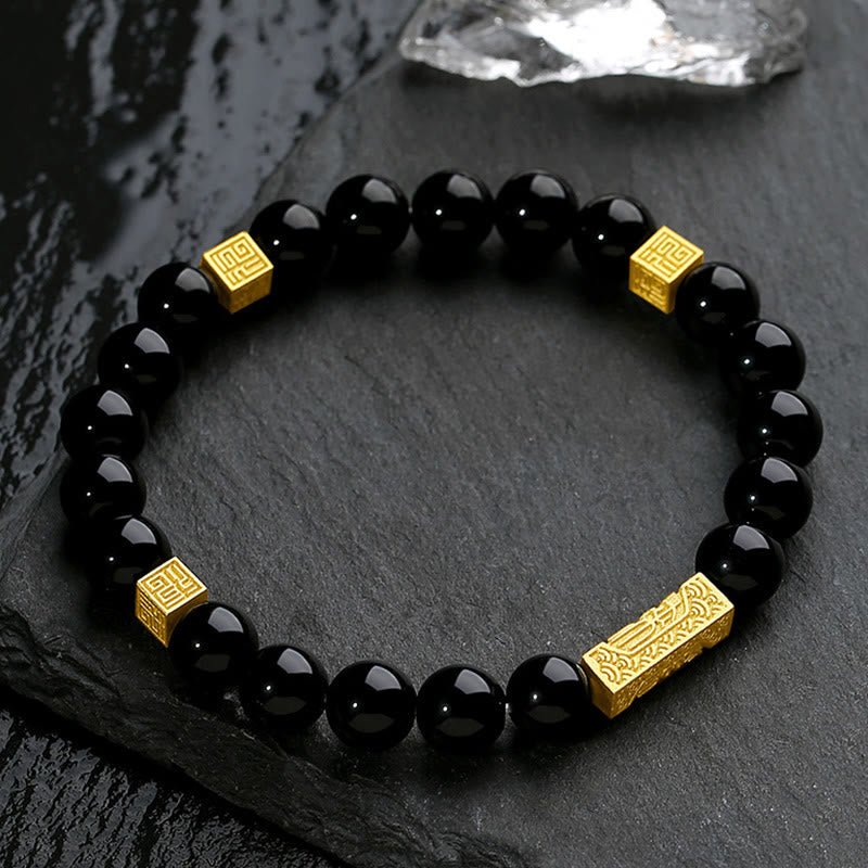 Fortune Jewel Black Obsidian 925 Sterling Silver Fu Character Cube Strength Bracelet