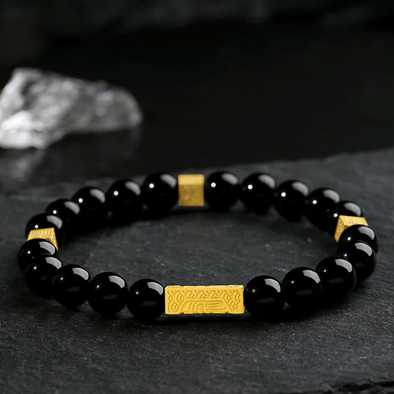 Fortune Jewel Black Obsidian 925 Sterling Silver Fu Character Cube Strength Bracelet