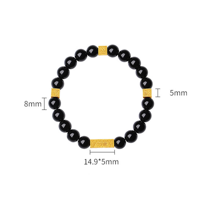 Fortune Jewel Black Obsidian 925 Sterling Silver Fu Character Cube Strength Bracelet