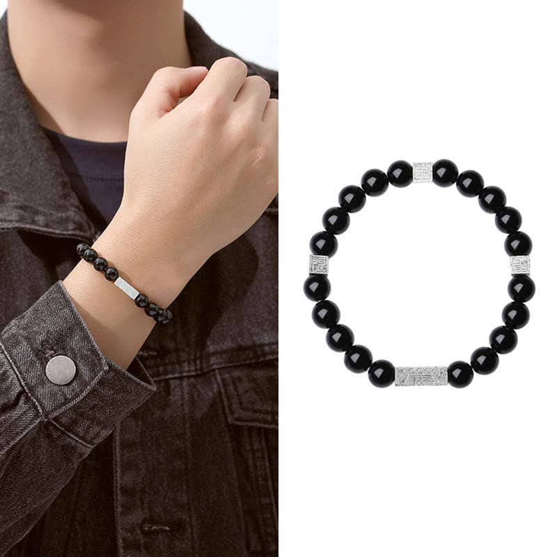 Fortune Jewel Black Obsidian 925 Sterling Silver Fu Character Cube Strength Bracelet