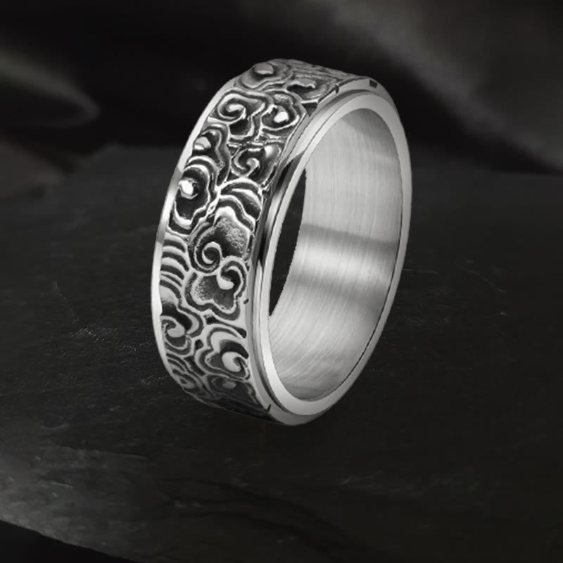 Fortune Jewel Auspicious Clouds Pattern Carved Titanium Steel Balance Rotatable Ring