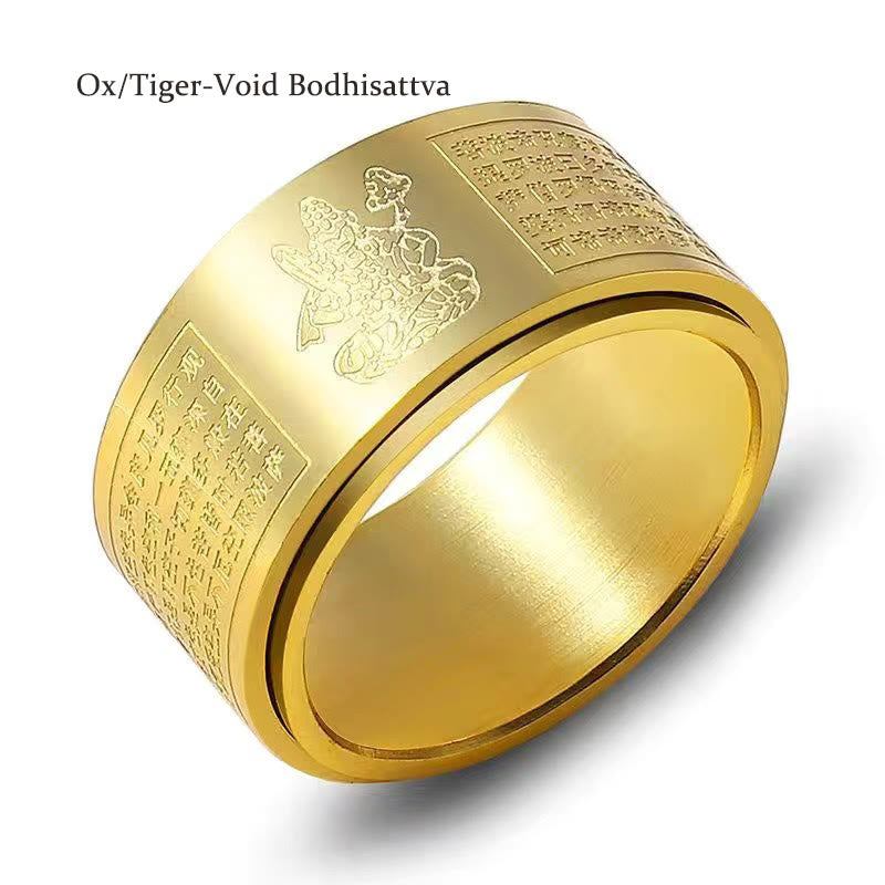 Fortune Jewel Chinese Zodiac Natal Buddha Heart Sutra Carved Titanium Steel Calm Rotatable Ring Fortune Jewel