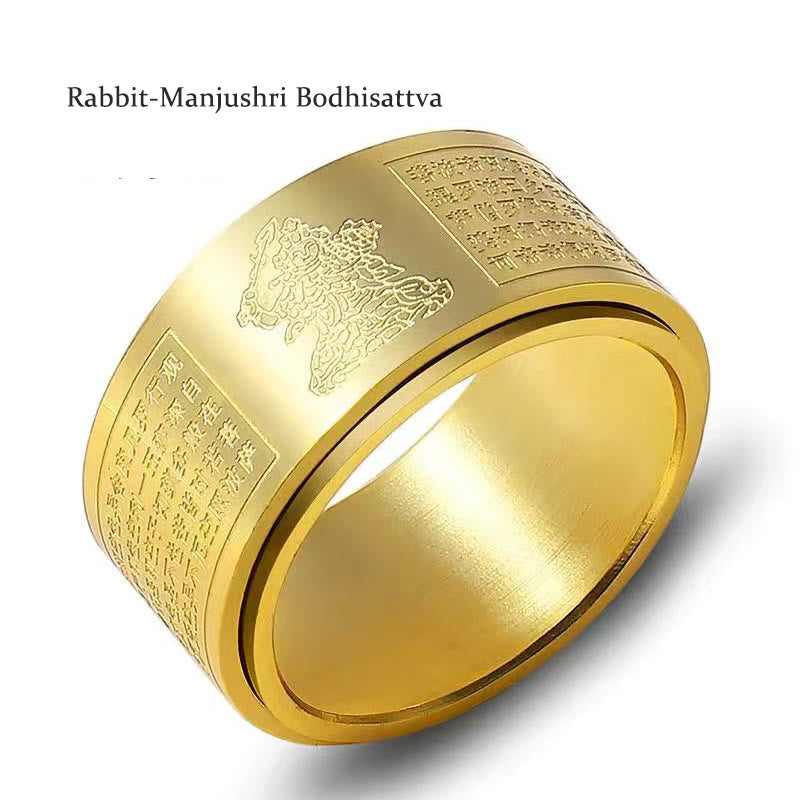 Fortune Jewel Chinese Zodiac Natal Buddha Heart Sutra Carved Titanium Steel Calm Rotatable Ring Fortune Jewel