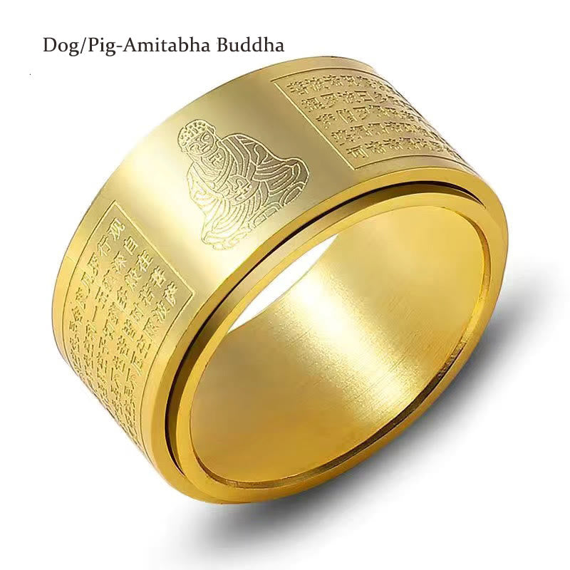 Fortune Jewel Chinese Zodiac Natal Buddha Heart Sutra Carved Titanium Steel Calm Rotatable Ring Fortune Jewel
