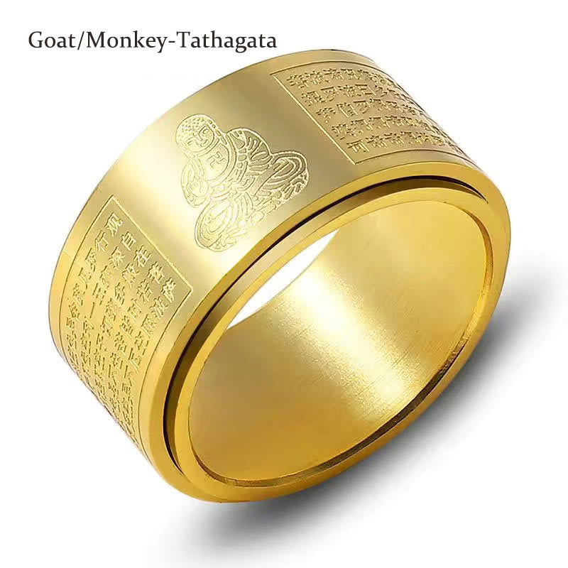 Fortune Jewel Chinese Zodiac Natal Buddha Heart Sutra Carved Titanium Steel Calm Rotatable Ring Fortune Jewel