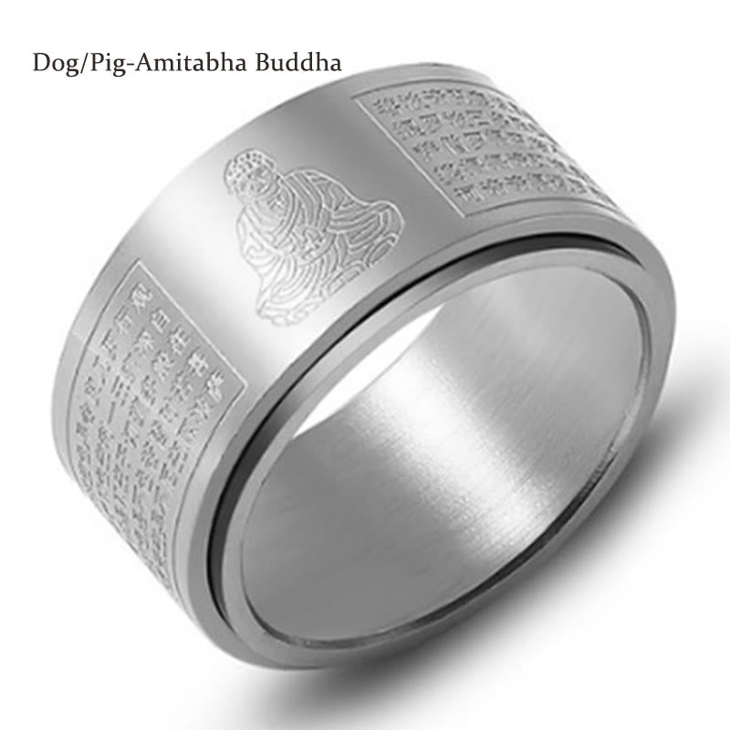 Fortune Jewel Chinese Zodiac Natal Buddha Heart Sutra Carved Titanium Steel Calm Rotatable Ring Fortune Jewel