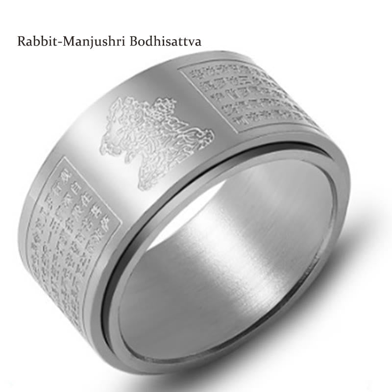 Fortune Jewel Chinese Zodiac Natal Buddha Heart Sutra Carved Titanium Steel Calm Rotatable Ring Fortune Jewel
