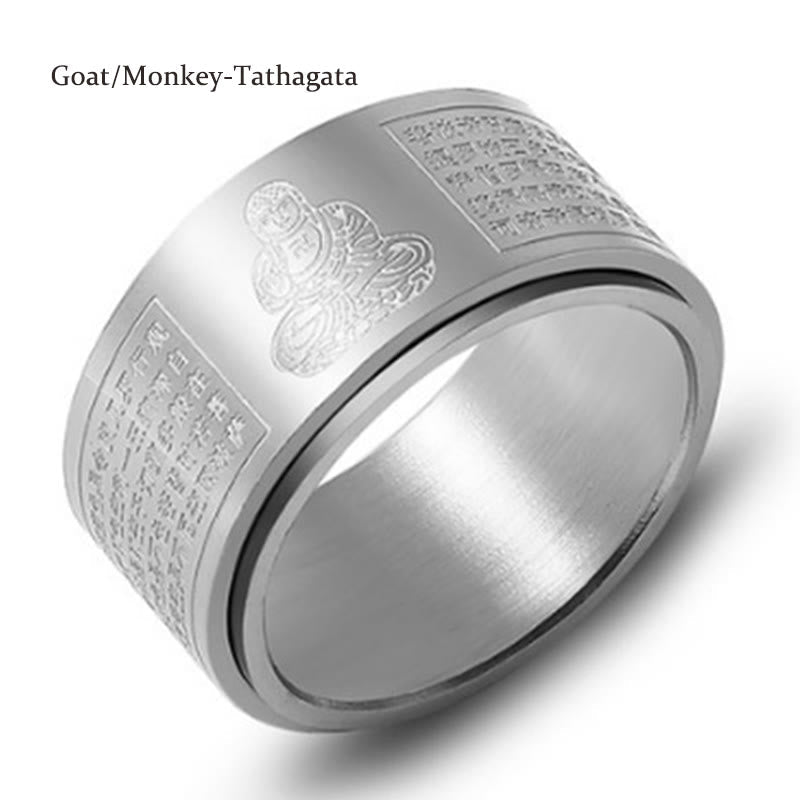 Fortune Jewel Chinese Zodiac Natal Buddha Heart Sutra Carved Titanium Steel Calm Rotatable Ring Fortune Jewel