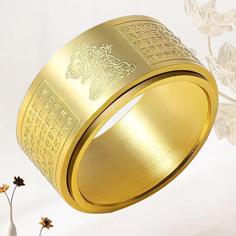 Fortune Jewel Chinese Zodiac Natal Buddha Heart Sutra Carved Titanium Steel Calm Rotatable Ring Fortune Jewel
