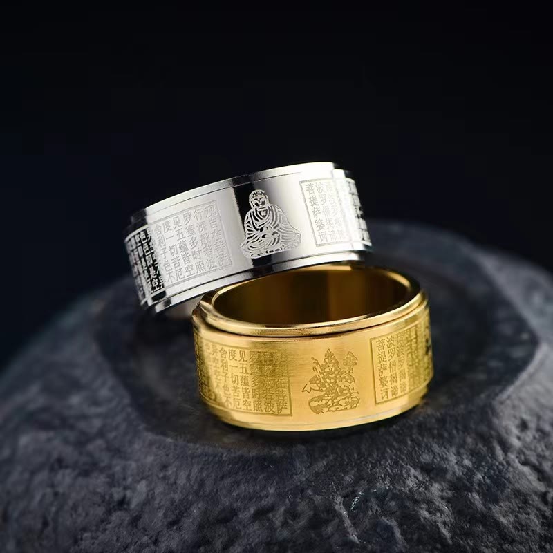 Fortune Jewel Chinese Zodiac Natal Buddha Heart Sutra Carved Titanium Steel Calm Rotatable Ring Fortune Jewel