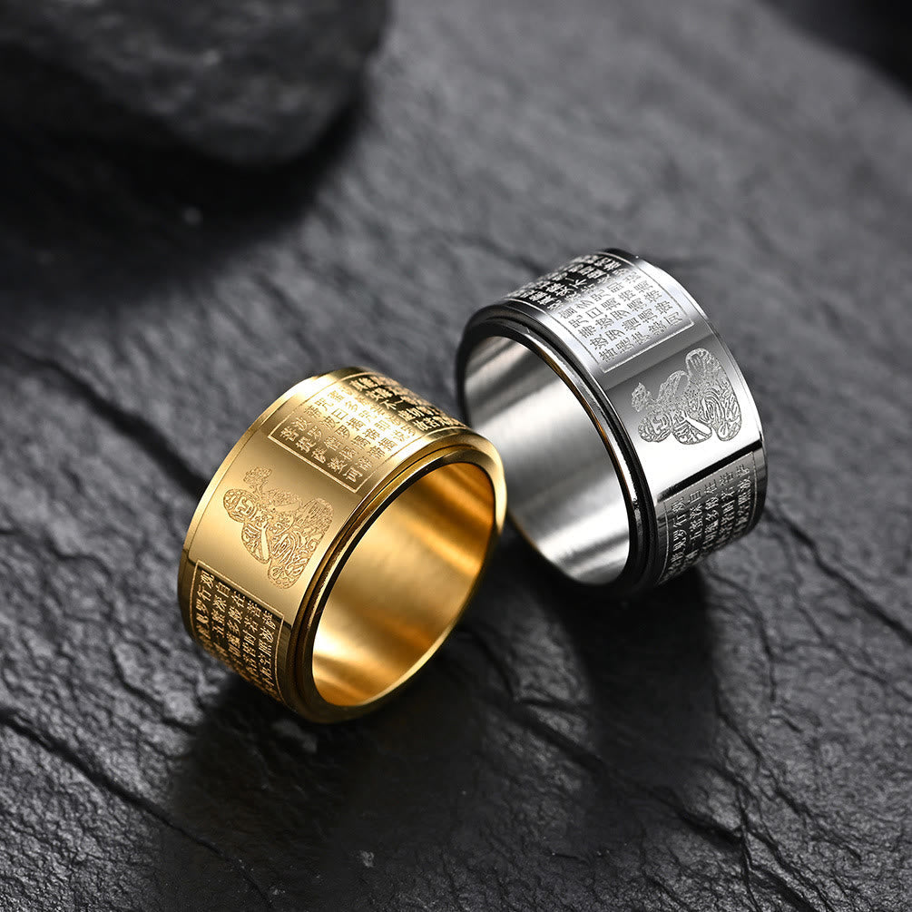 Fortune Jewel Chinese Zodiac Natal Buddha Heart Sutra Carved Titanium Steel Calm Rotatable Ring Fortune Jewel