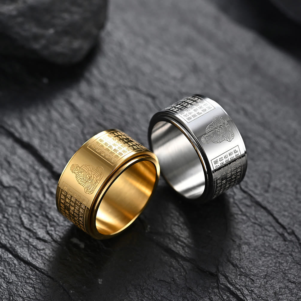 Fortune Jewel Chinese Zodiac Natal Buddha Heart Sutra Carved Titanium Steel Calm Rotatable Ring Fortune Jewel