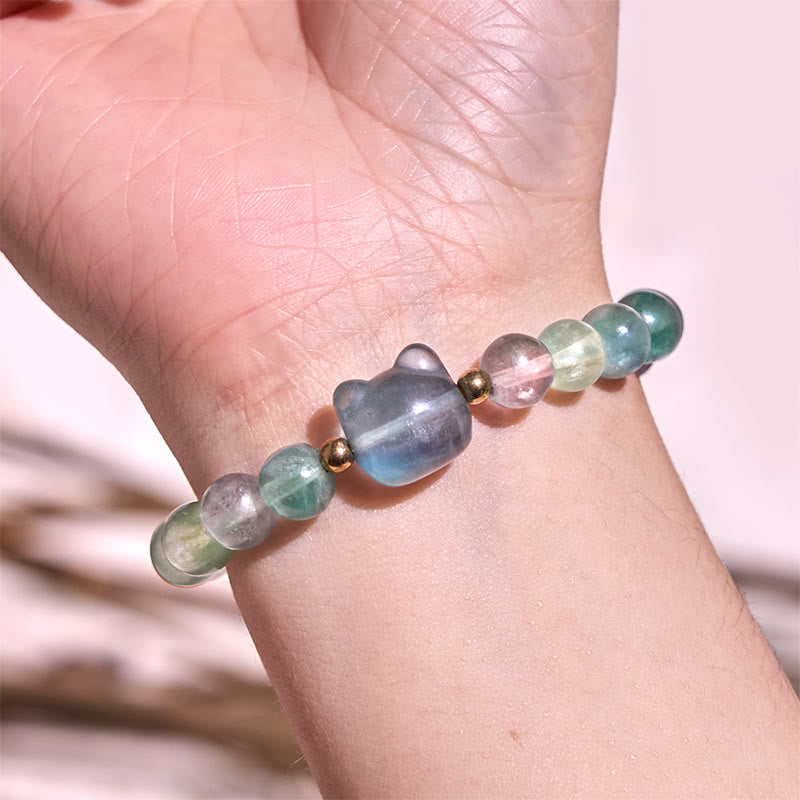 Fortune Jewel Amethyst Green Aventurine Rose Quartz Fluorite Cat Head Balance Luck Bracelet