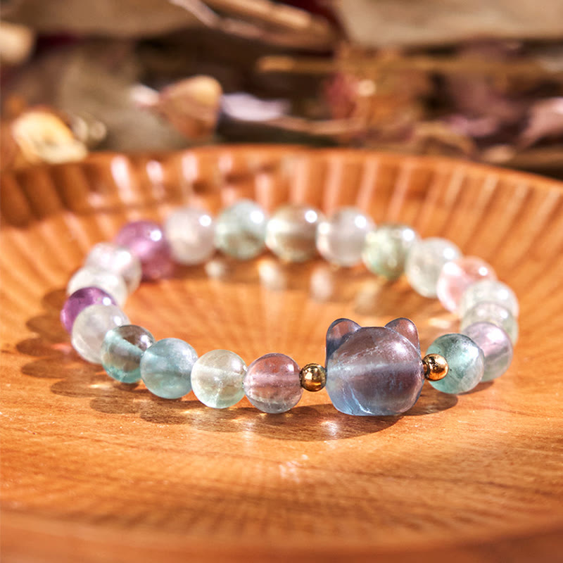 Fortune Jewel Amethyst Green Aventurine Rose Quartz Fluorite Cat Head Balance Luck Bracelet