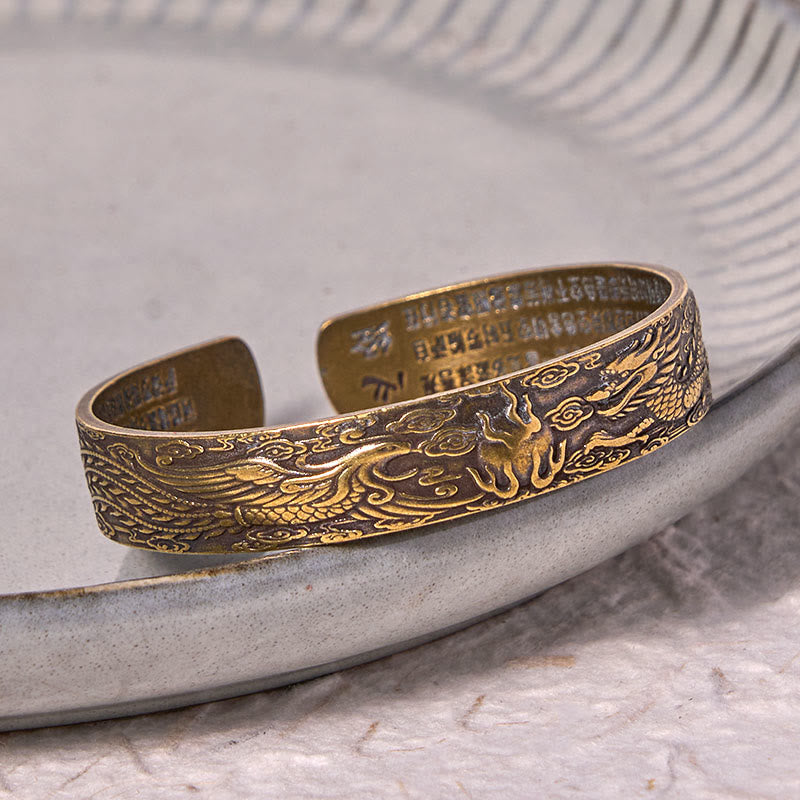 Fortune Jewel Dragon And Phoenix Playing With A Pearl Heart Sutra Carved Copper Brass Luck Bracelet Bangle