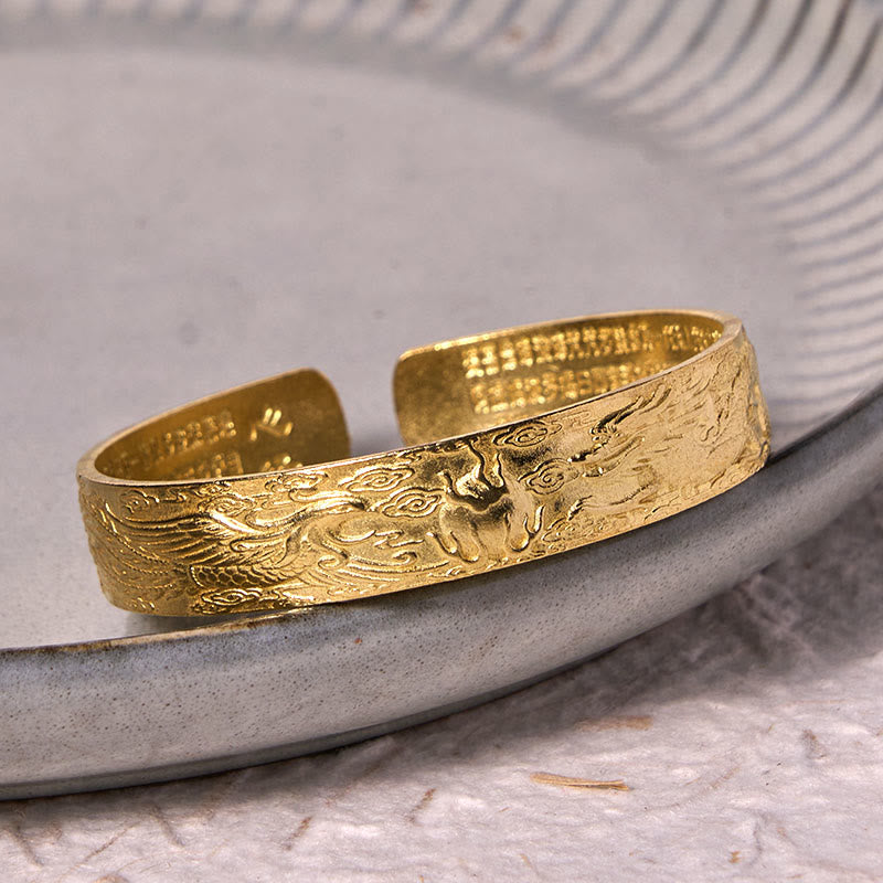 Fortune Jewel Dragon And Phoenix Playing With A Pearl Heart Sutra Carved Copper Brass Luck Bracelet Bangle
