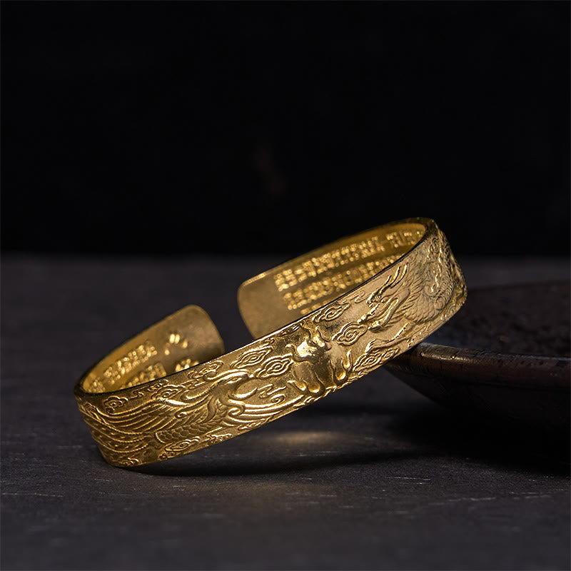 Fortune Jewel Dragon And Phoenix Playing With A Pearl Heart Sutra Carved Copper Brass Luck Bracelet Bangle