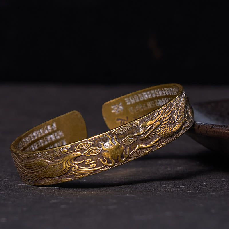 Fortune Jewel Dragon And Phoenix Playing With A Pearl Heart Sutra Carved Copper Brass Luck Bracelet Bangle