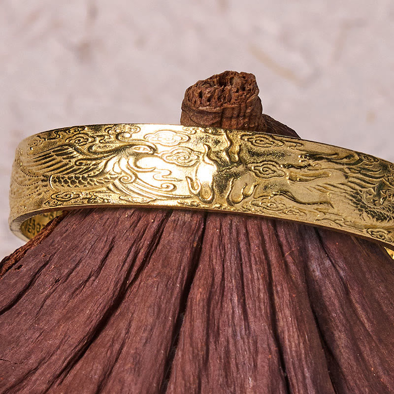 Fortune Jewel Dragon And Phoenix Playing With A Pearl Heart Sutra Carved Copper Brass Luck Bracelet Bangle