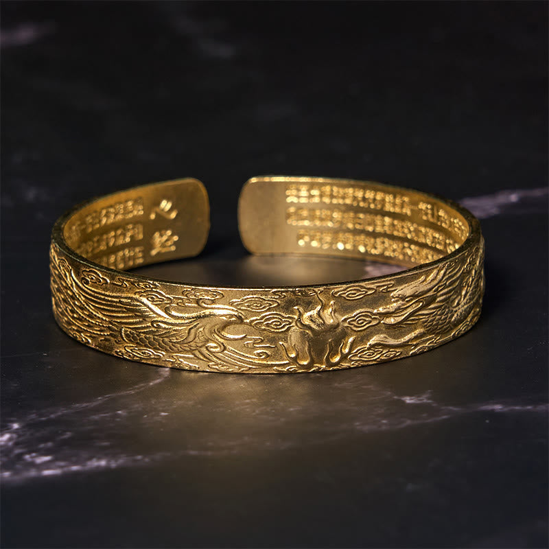 Fortune Jewel Dragon And Phoenix Playing With A Pearl Heart Sutra Carved Copper Brass Luck Bracelet Bangle