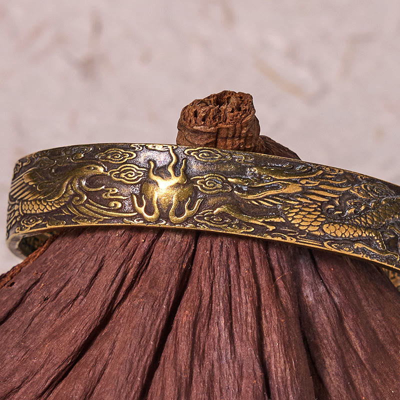 Fortune Jewel Dragon And Phoenix Playing With A Pearl Heart Sutra Carved Copper Brass Luck Bracelet Bangle