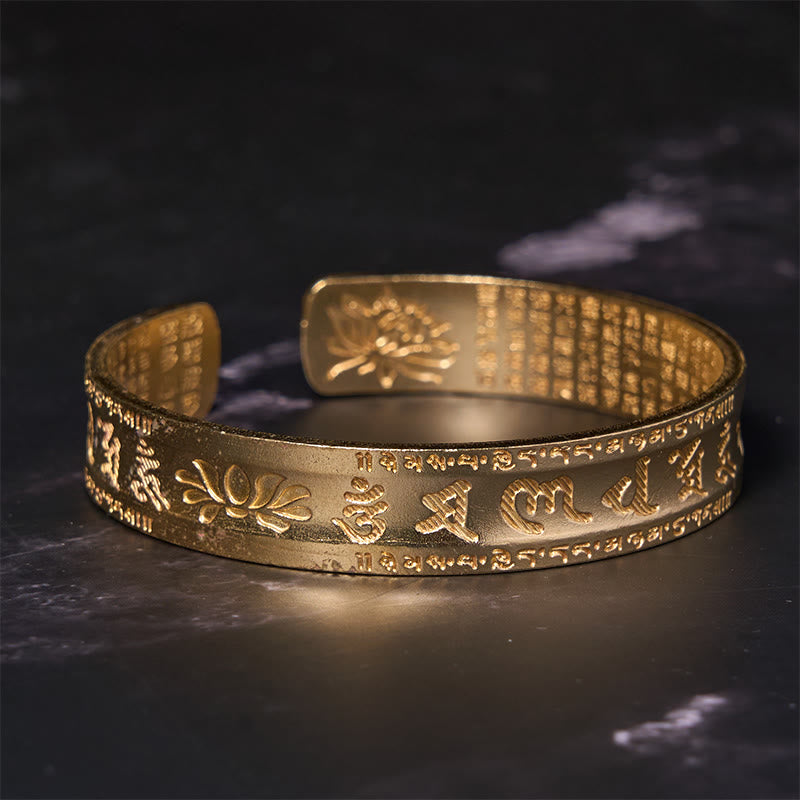 Fortune Jewel Six True Words 'om Mani Padme Hum' Heart Sutra Lotus Copper Brass Peace Cuff Bracelet Bangle
