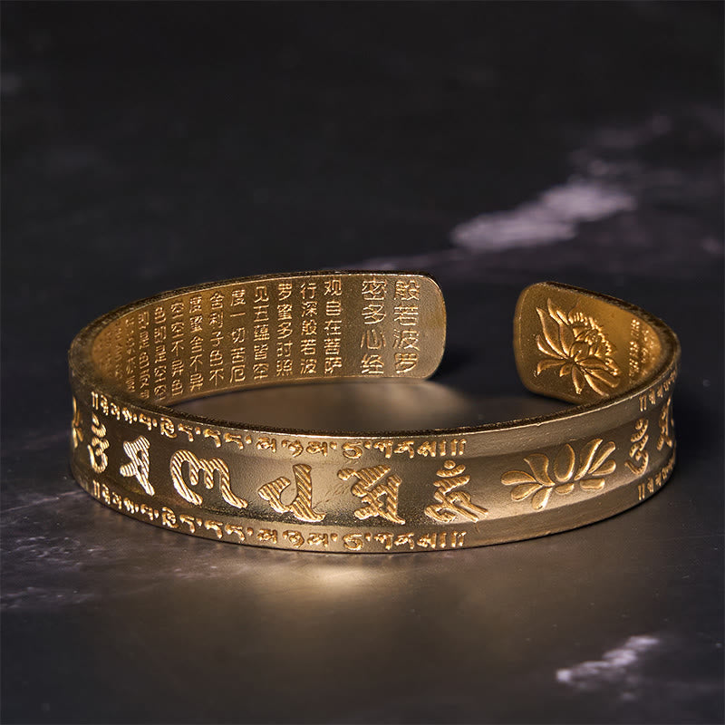 Fortune Jewel Six True Words 'om Mani Padme Hum' Heart Sutra Lotus Copper Brass Peace Cuff Bracelet Bangle