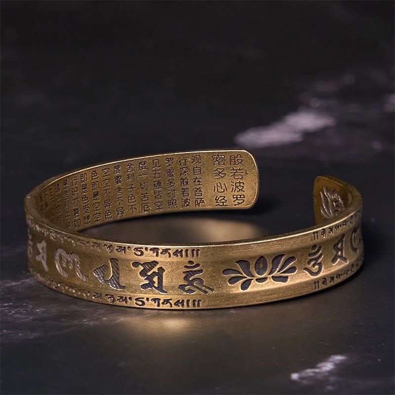 Fortune Jewel Six True Words 'om Mani Padme Hum' Heart Sutra Lotus Copper Brass Peace Cuff Bracelet Bangle