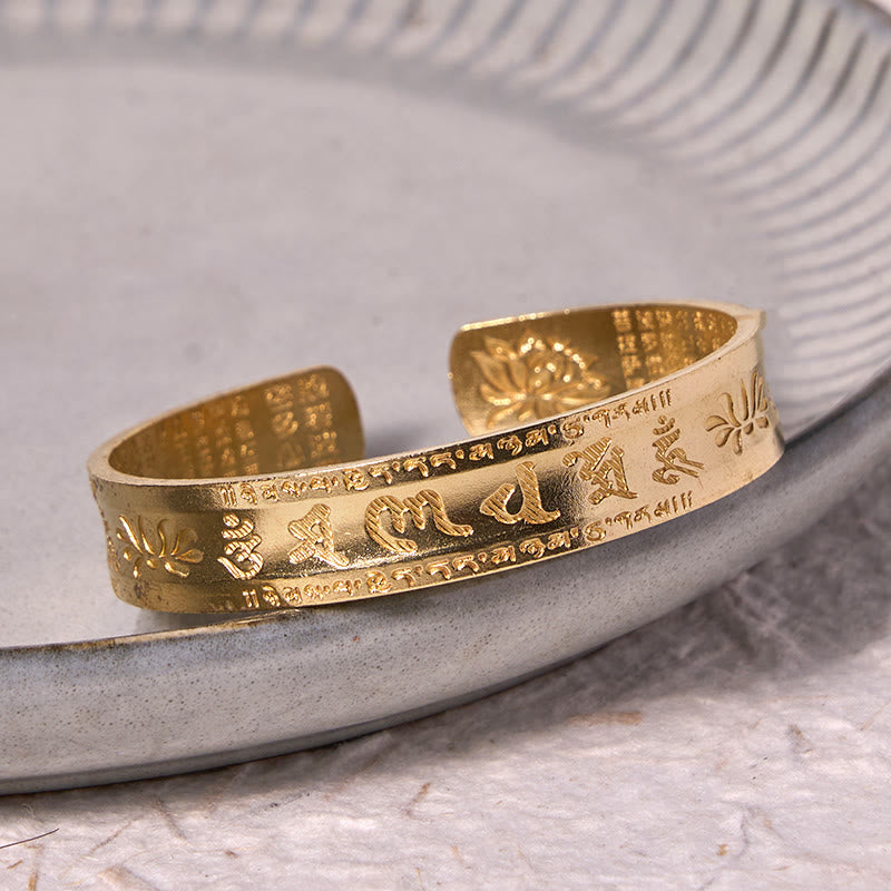 Fortune Jewel Six True Words 'om Mani Padme Hum' Heart Sutra Lotus Copper Brass Peace Cuff Bracelet Bangle