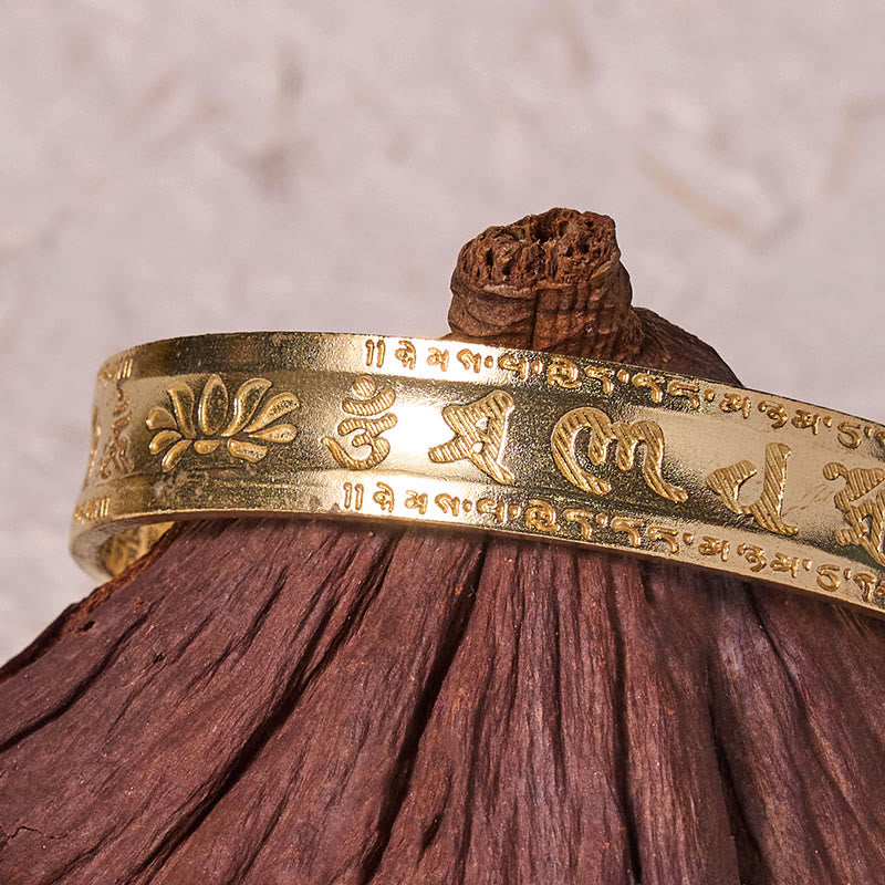 Fortune Jewel Six True Words 'om Mani Padme Hum' Heart Sutra Lotus Copper Brass Peace Cuff Bracelet Bangle