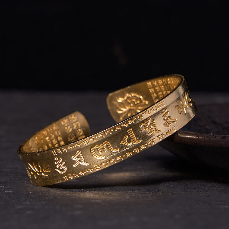 Fortune Jewel Six True Words 'om Mani Padme Hum' Heart Sutra Lotus Copper Brass Peace Cuff Bracelet Bangle