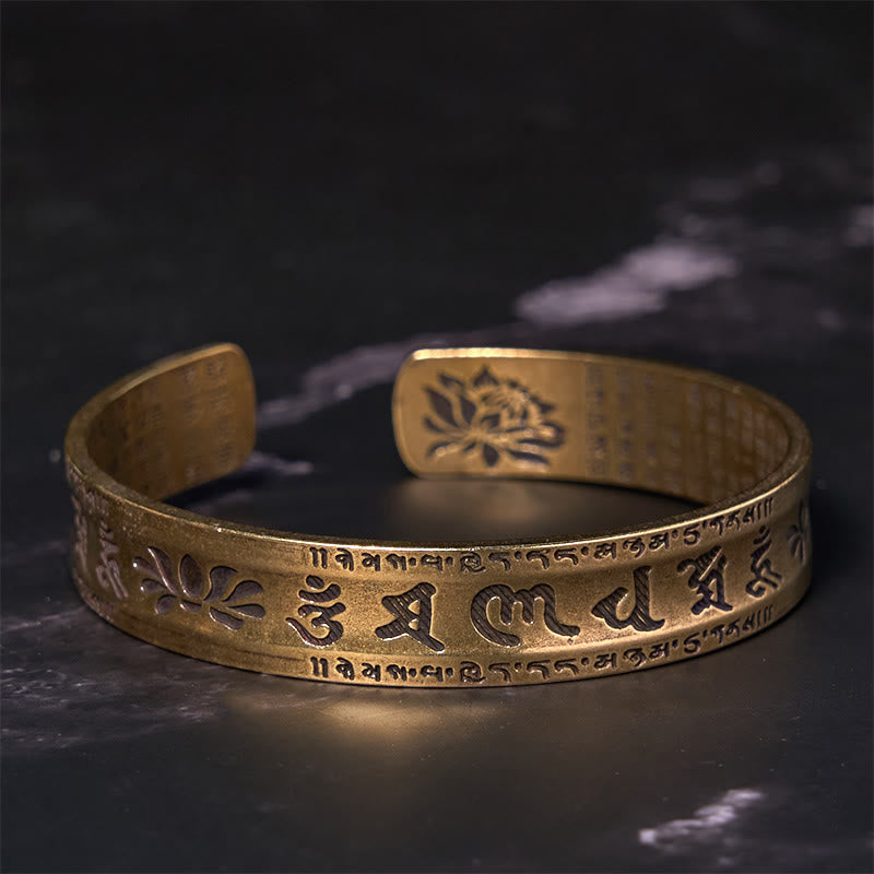 Fortune Jewel Six True Words 'om Mani Padme Hum' Heart Sutra Lotus Copper Brass Peace Cuff Bracelet Bangle