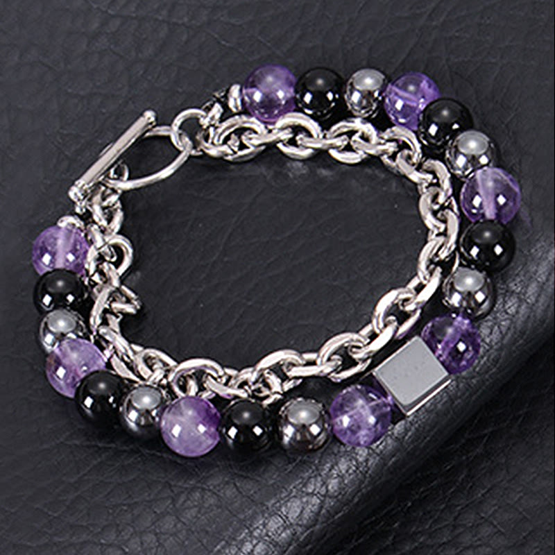 Fortune Jewel Colorful Tiger Eye Frosted Stone Black Magnetite Titanium Steel Double Wrap Protection Bracelet