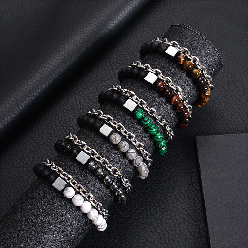 Fortune Jewel Colorful Tiger Eye Frosted Stone Black Magnetite Titanium Steel Double Wrap Protection Bracelet
